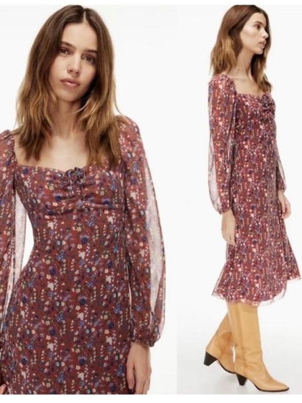 Wilfred smocked Floral Square-Neck Midi Dress